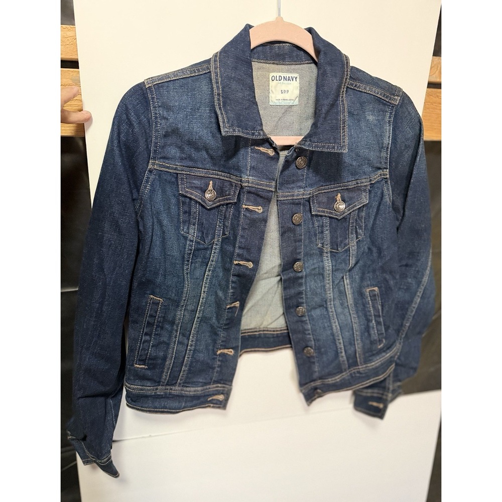 Old Navy Women's Blue Denim Jacket Petite S/P Button Front Pockets Collared